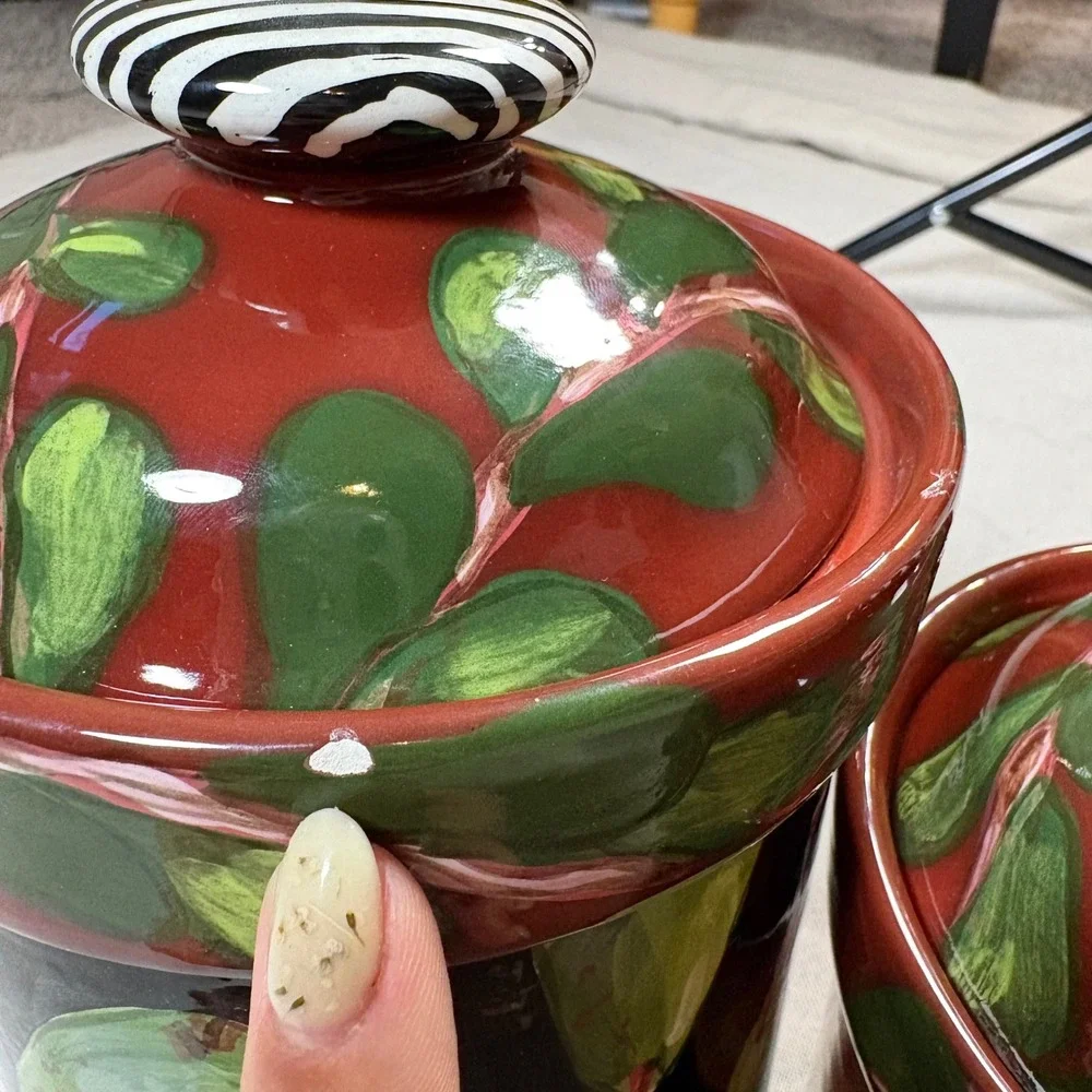 Droll Designs Hand Painted Ceramic Fruit Canister Set 3pc Cottage core Dark